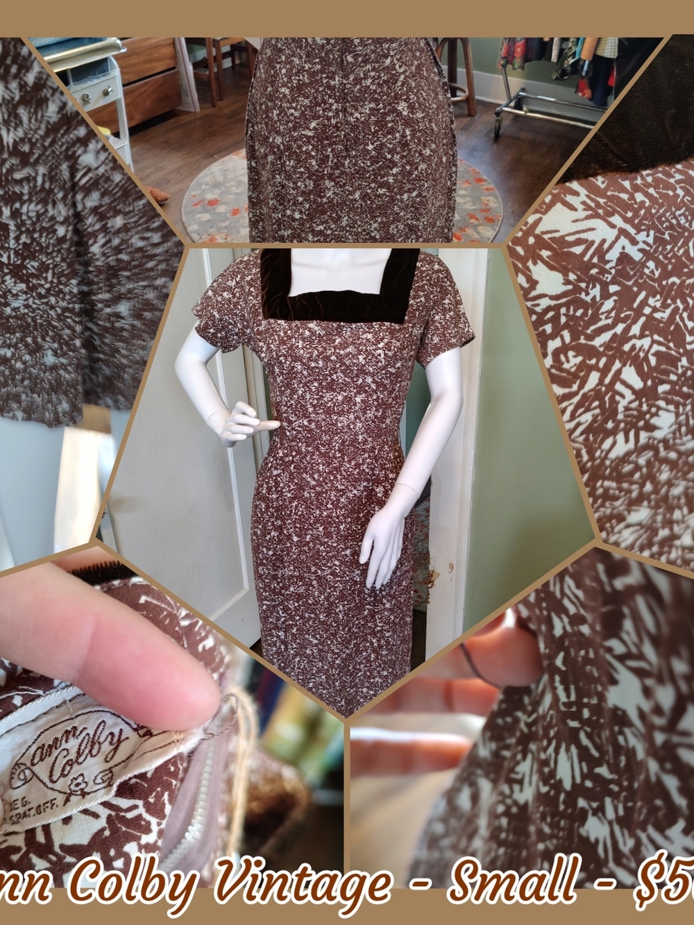 Vintage Ann Colby Brown Speckled Midi Dress with Square Velvet Neckline
